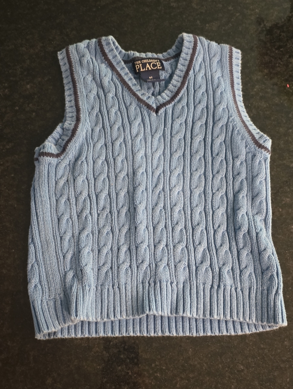 The Children's Place Sky Blue Cable Knit V-Neck Sweater Vest with Navy Trim 4t